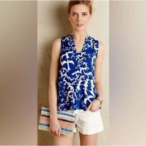 Anthropologie Maeve Enna Top 4 Oversize Birds Dove Mediterranean Blue Coastal